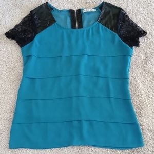 Faux leather lace chiffon top szM
